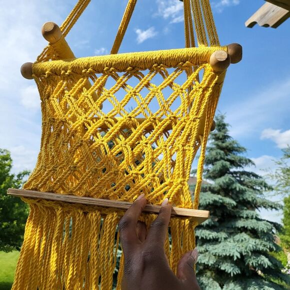 Small Macrame Crochet Cotton Yellow Plant Holder Chair Decor Earthy - Picture 5 of 10